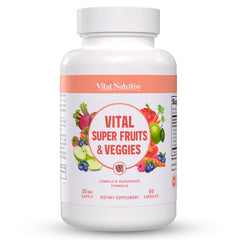 Vital Nutritive Vital Super Fruits & Veggies bottle with capsules supports daily wellness.