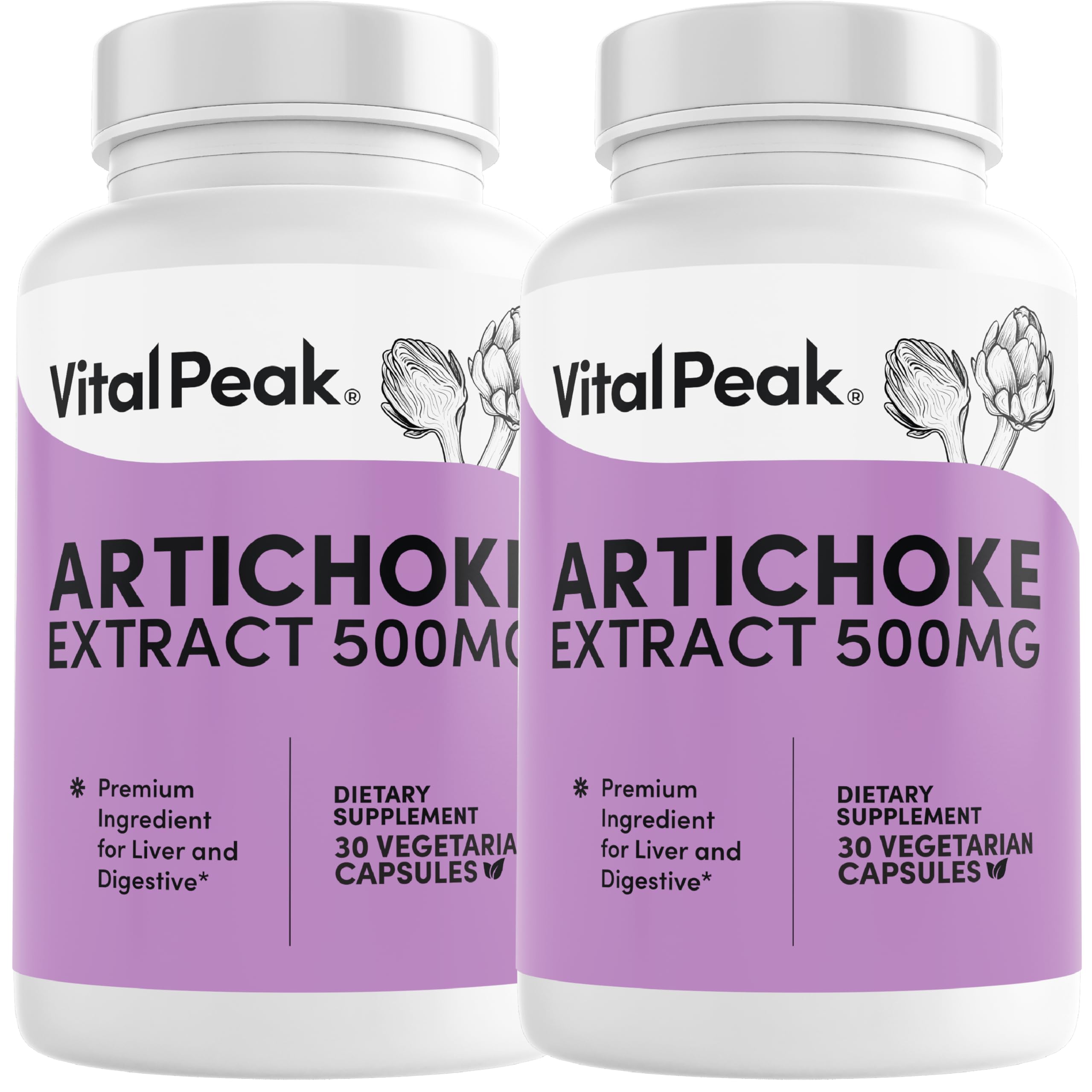Vital Peak Artichoke 500 mg capsules front view, plant-based digestion support option