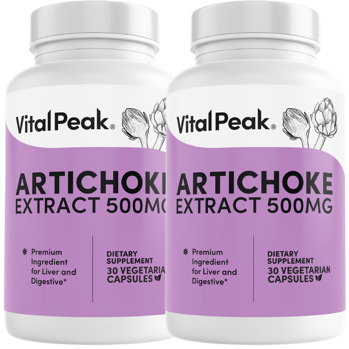 Vital Peak Artichoke 500 mg capsules front view, plant-based digestion support option