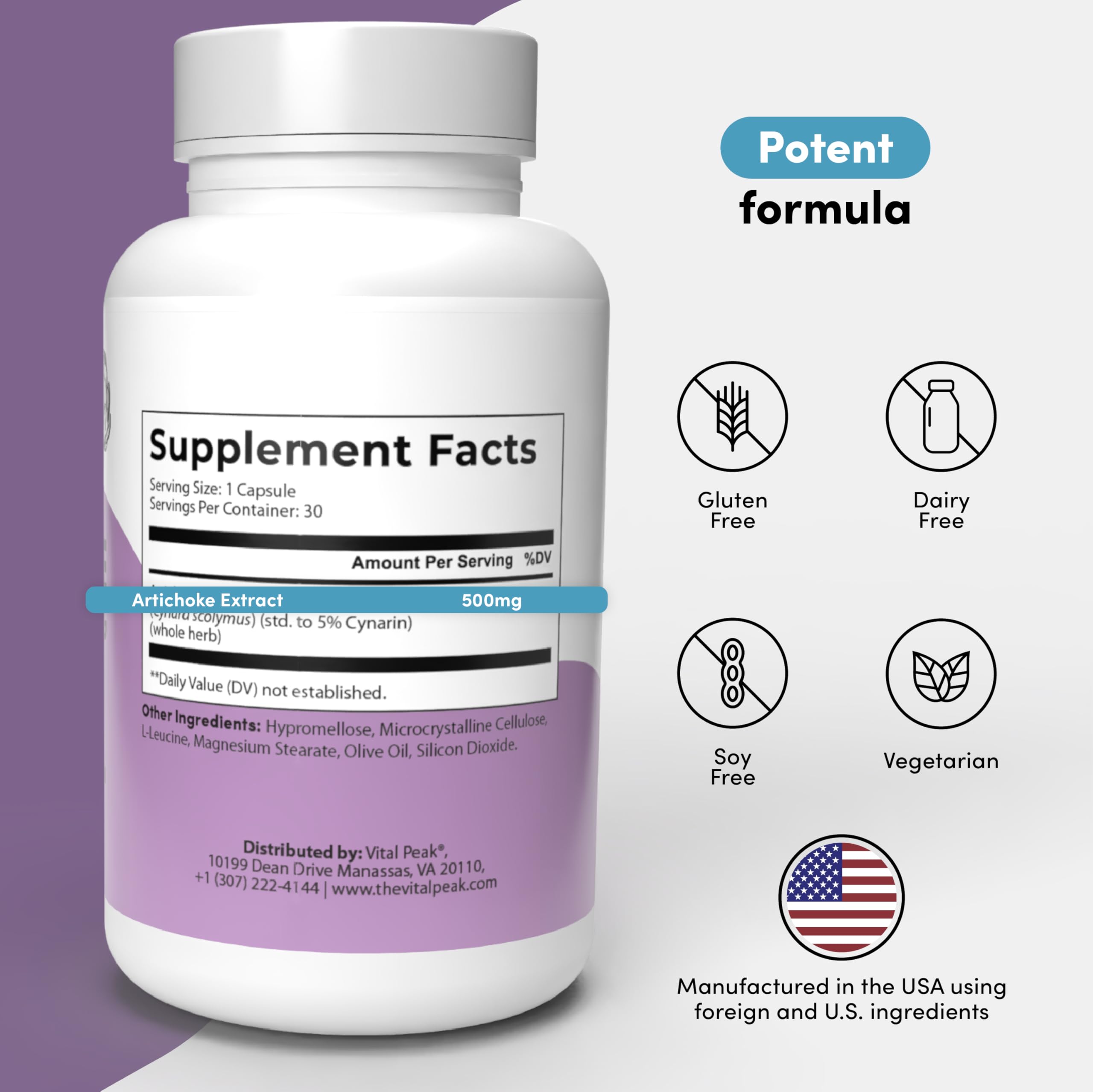 Vital Peak Artichoke label closeup, 500 mg potency and production details