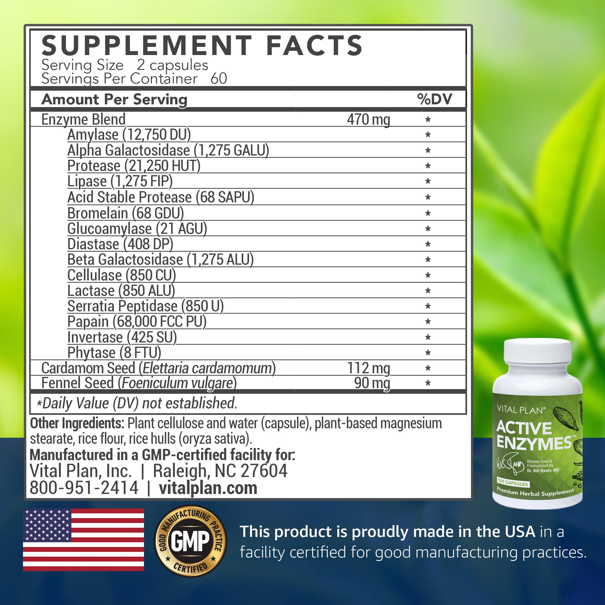 Vital Plan Active Enzymes label highlights transparent ingredients and premium formula