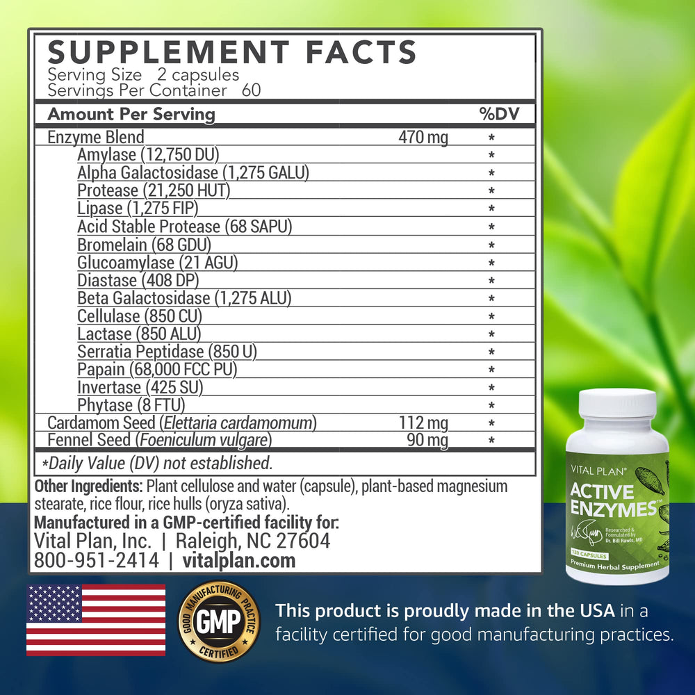 Vital Plan Active Enzymes label highlights transparent ingredients and premium formula