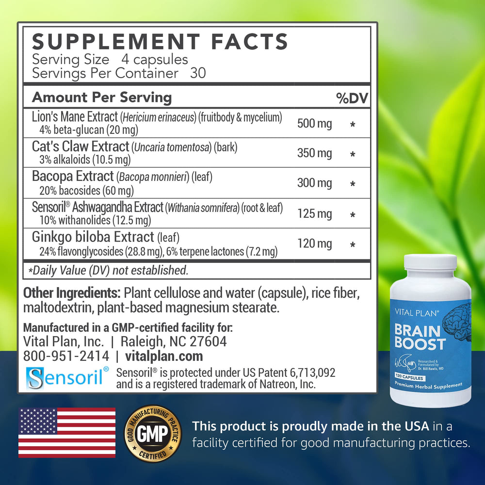 Vital Plan Brain Boost capsules closeup for easy daily use and steady focus.