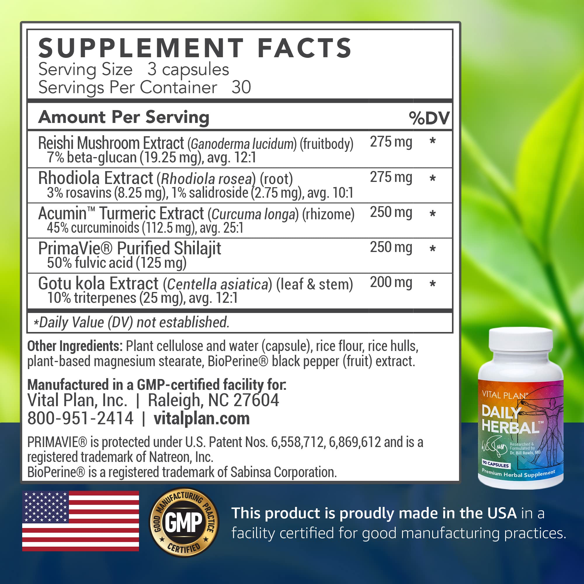 Vital Plan Daily Herbal Supplement label closeup communicates transparent ingredients and trusted formulation