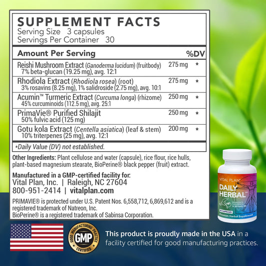 Vital Plan Daily Herbal Supplement label closeup communicates transparent ingredients and trusted formulation