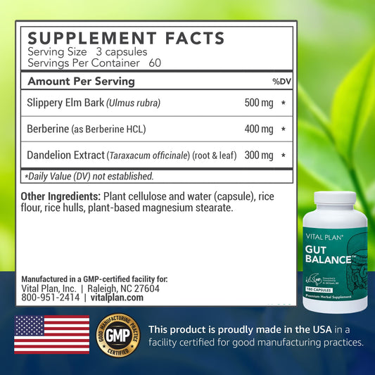 Vital Plan Gut Balance bottle-label closeup showing transparent ingredient listing
