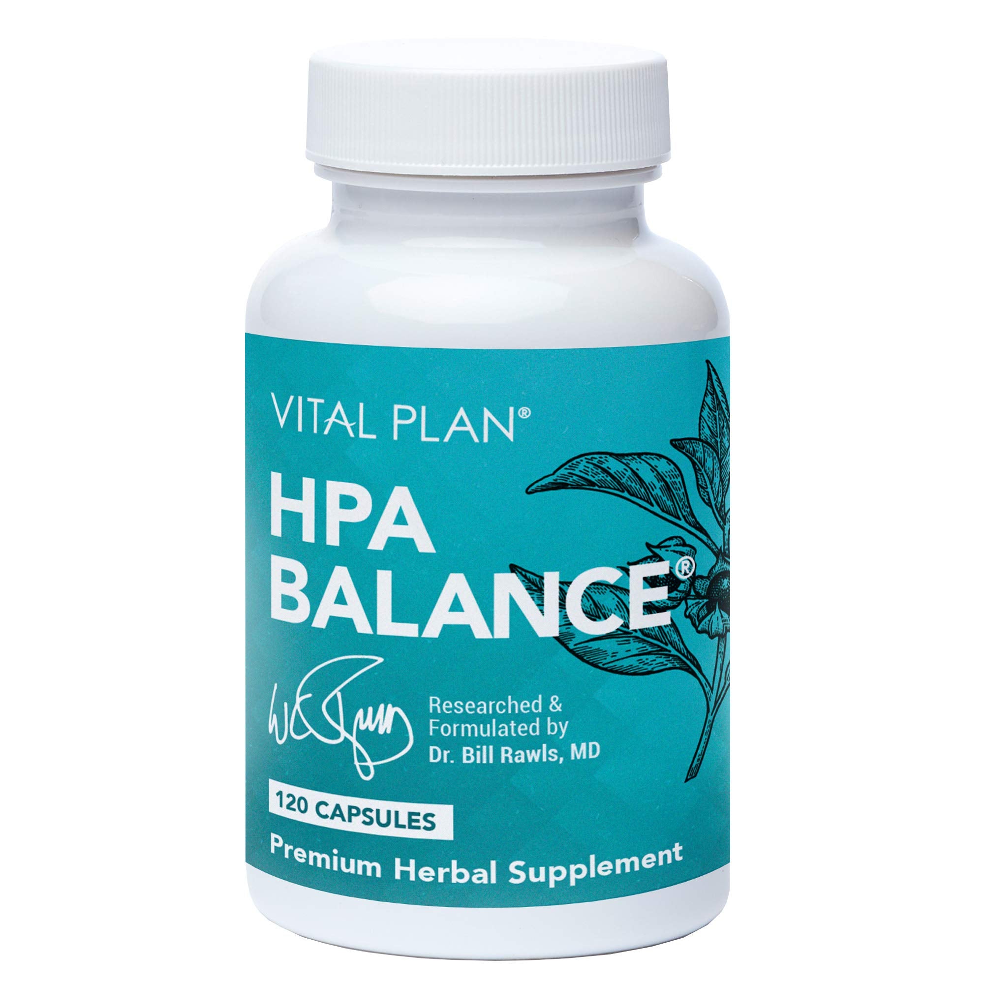 Vital Plan HPA Balance bottle with capsules highlighting everyday calm and energy
