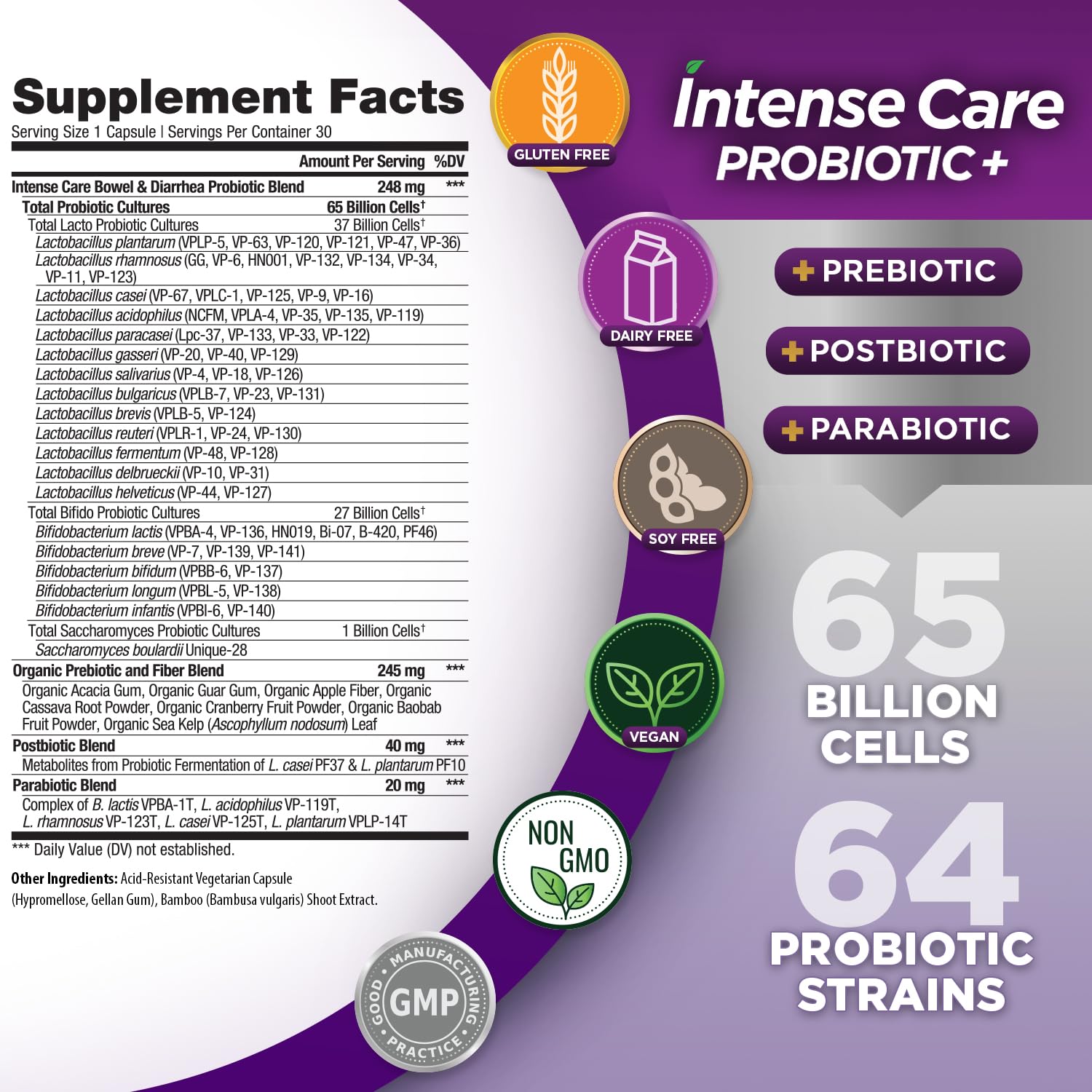 Vital Planet 65B CFU and 64 strains highlight potent gut support.