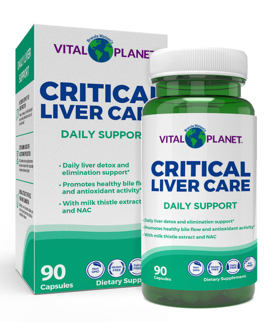 Vital Planet Critical Liver Care bottle shows daily detox support in a clear container.