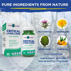 Vital Planet Critical Liver Care label closeup with transparent ingredients list.