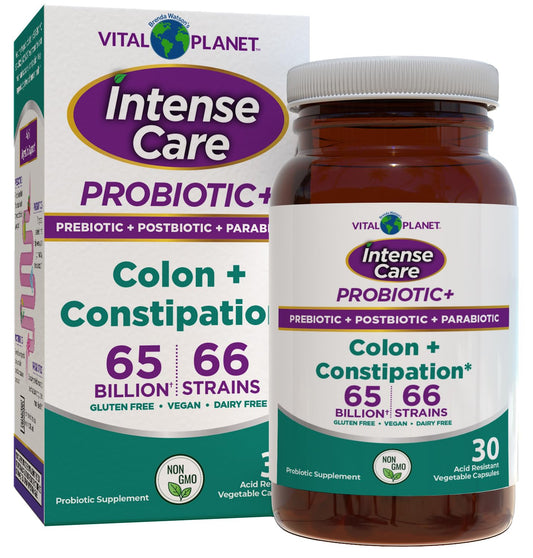 Vital Planet Intense Care colon bottle shows high-potency probiotic blend for daily gut support.