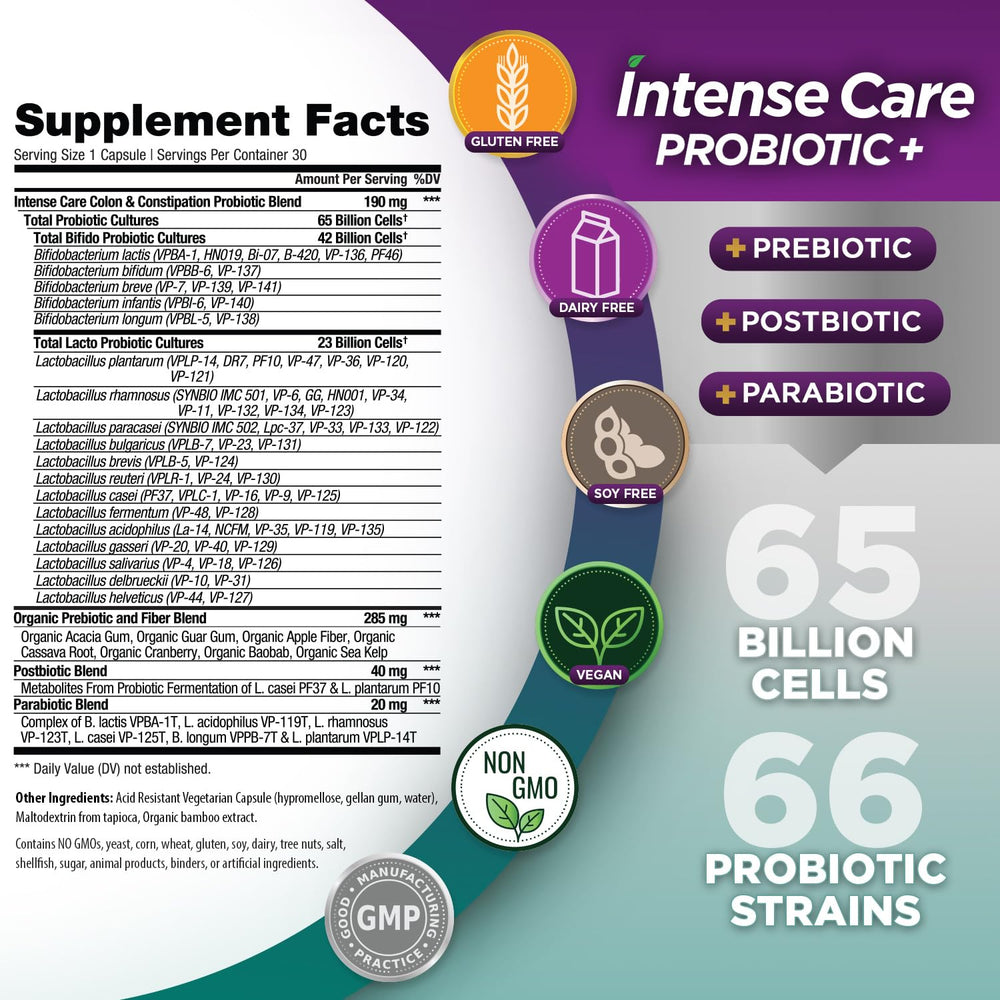 Vital Planet Intense Care label highlights 65B CFU across 66 strains for colon health.