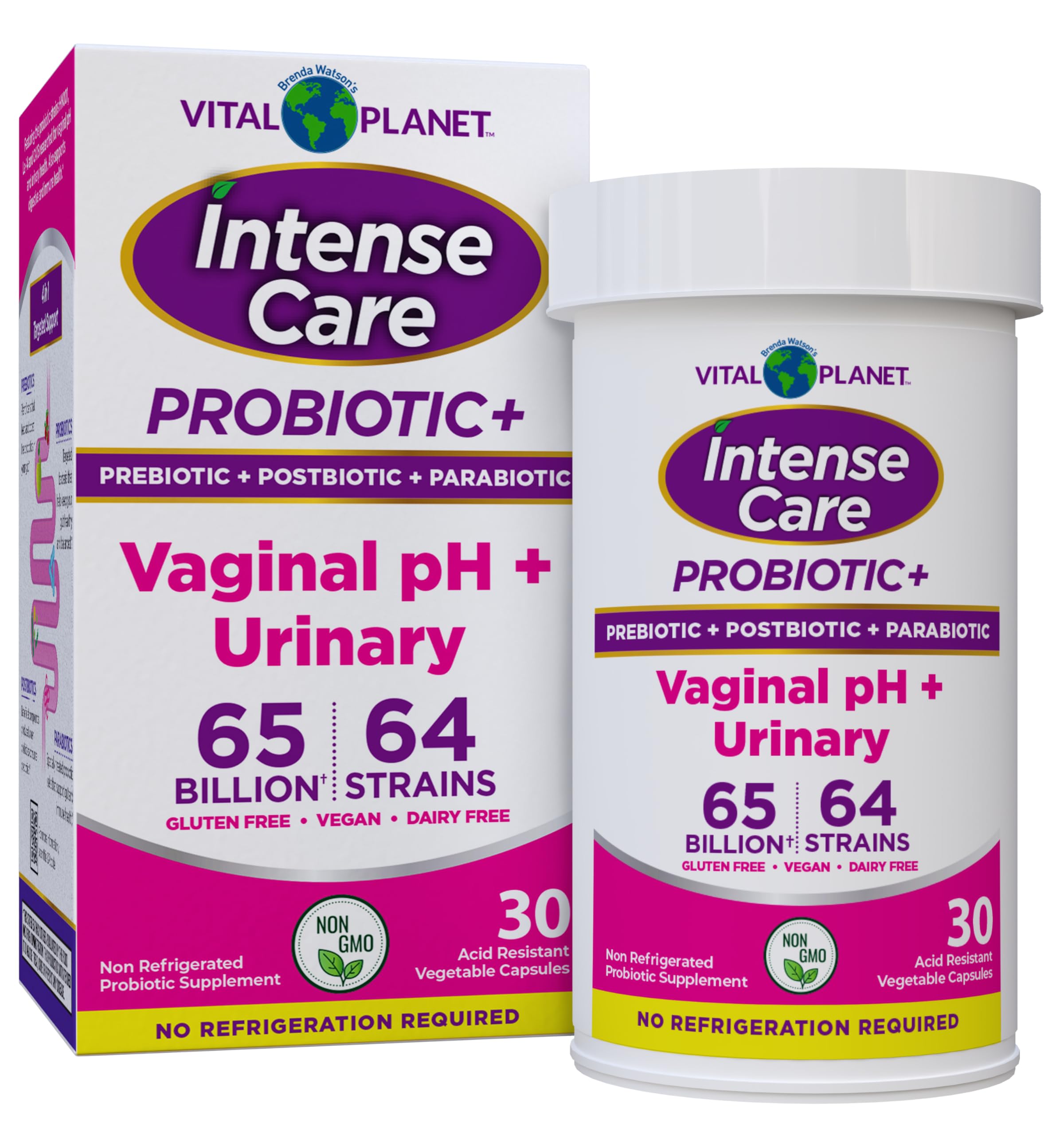 Vital Planet Intense Care packaging front showing 65B CFU and 64 strains for balance.