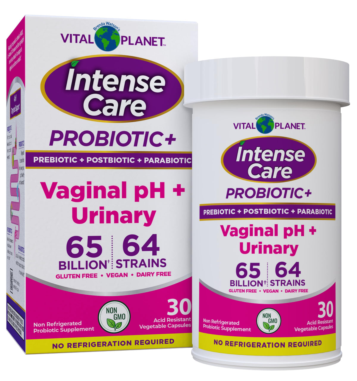 Vital Planet Intense Care packaging front showing 65B CFU and 64 strains for balance.