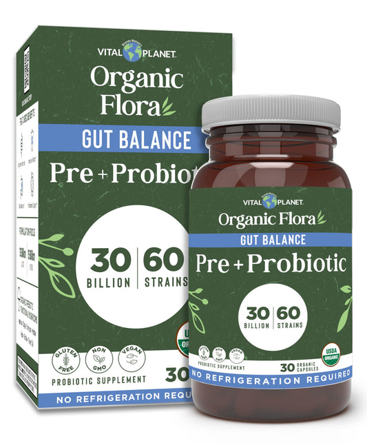 Vital Planet Organic Flora Probiotics bottle front shows branding for daily gut balance.