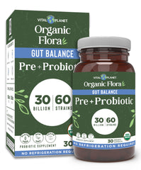 Vital Planet Organic Flora Probiotics bottle front shows branding for daily gut balance.
