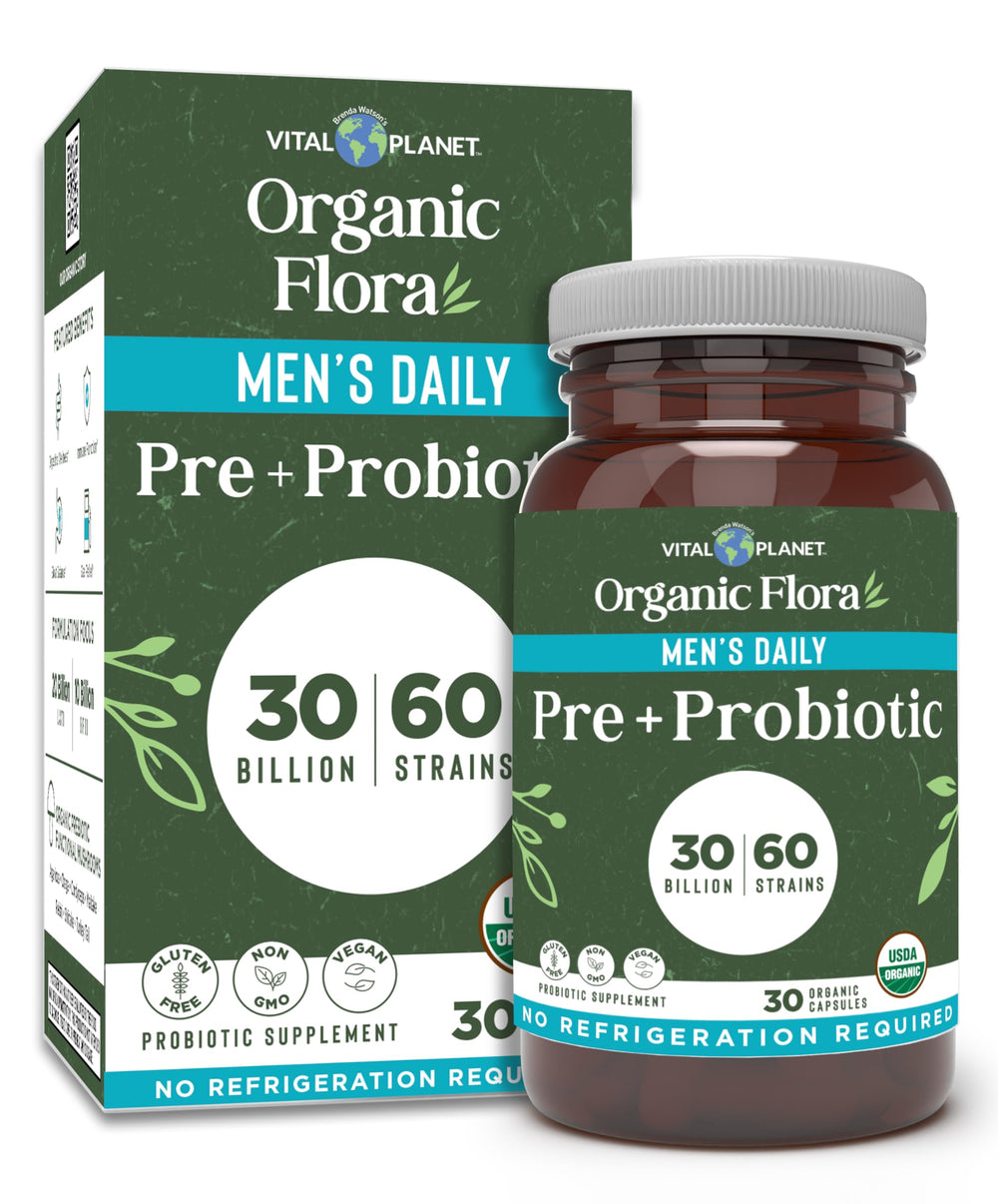 Vital Planet Organic Flora Probiotics for Men bottle cap close-up highlighting shelf-stable daily use