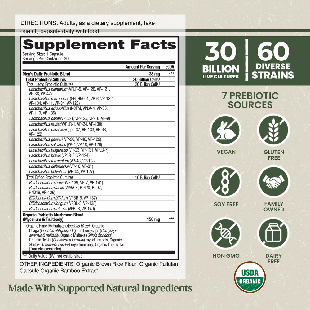 Vital Planet Probiotics for Men capsules show 60 strains for diverse gut support