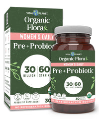 Vital Planet Organic Flora Probiotics for Women bottle on shelf supports digestive balance.