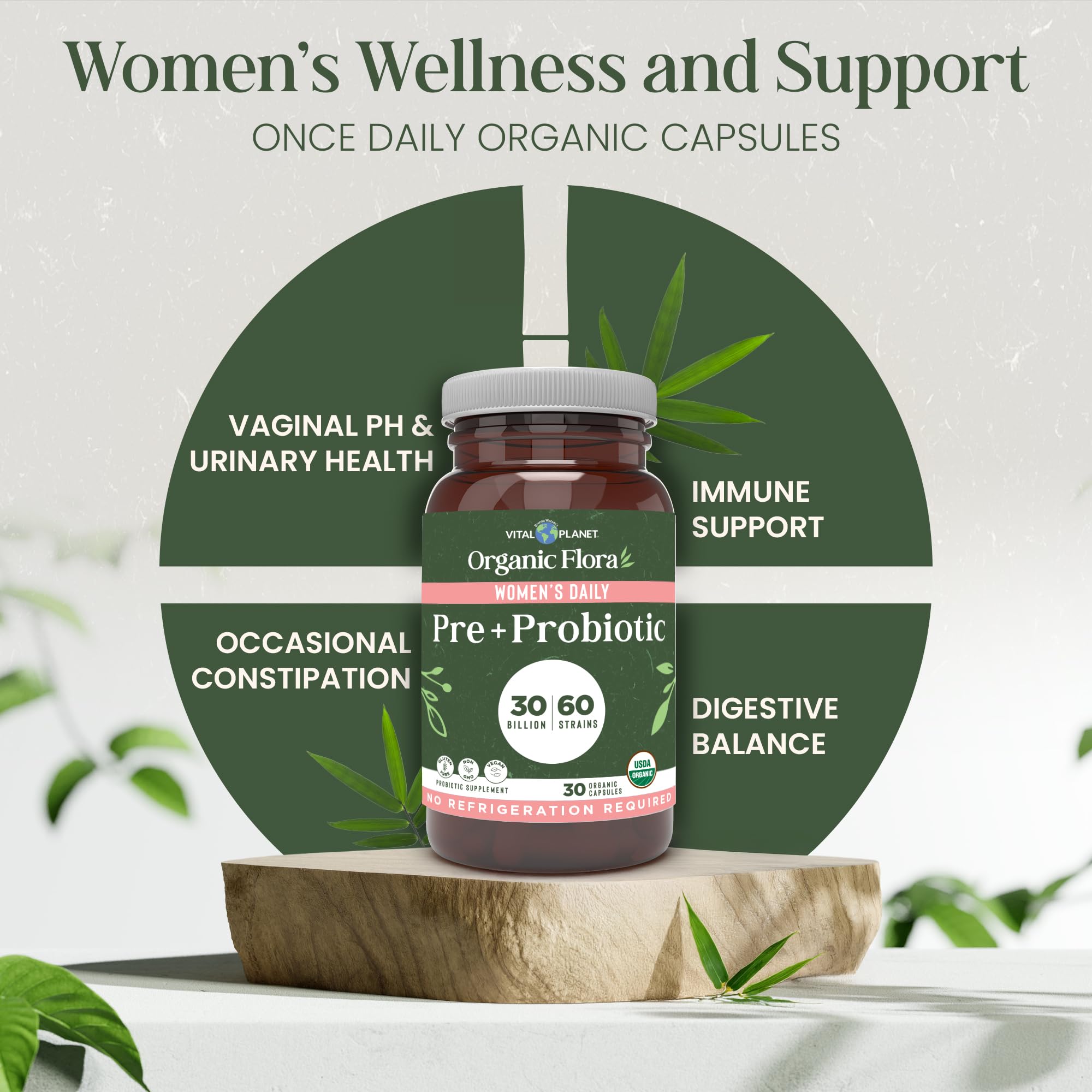 Vital Planet Organic Flora Probiotics for Women label shows vegan, non-GMO, dairy-free features.