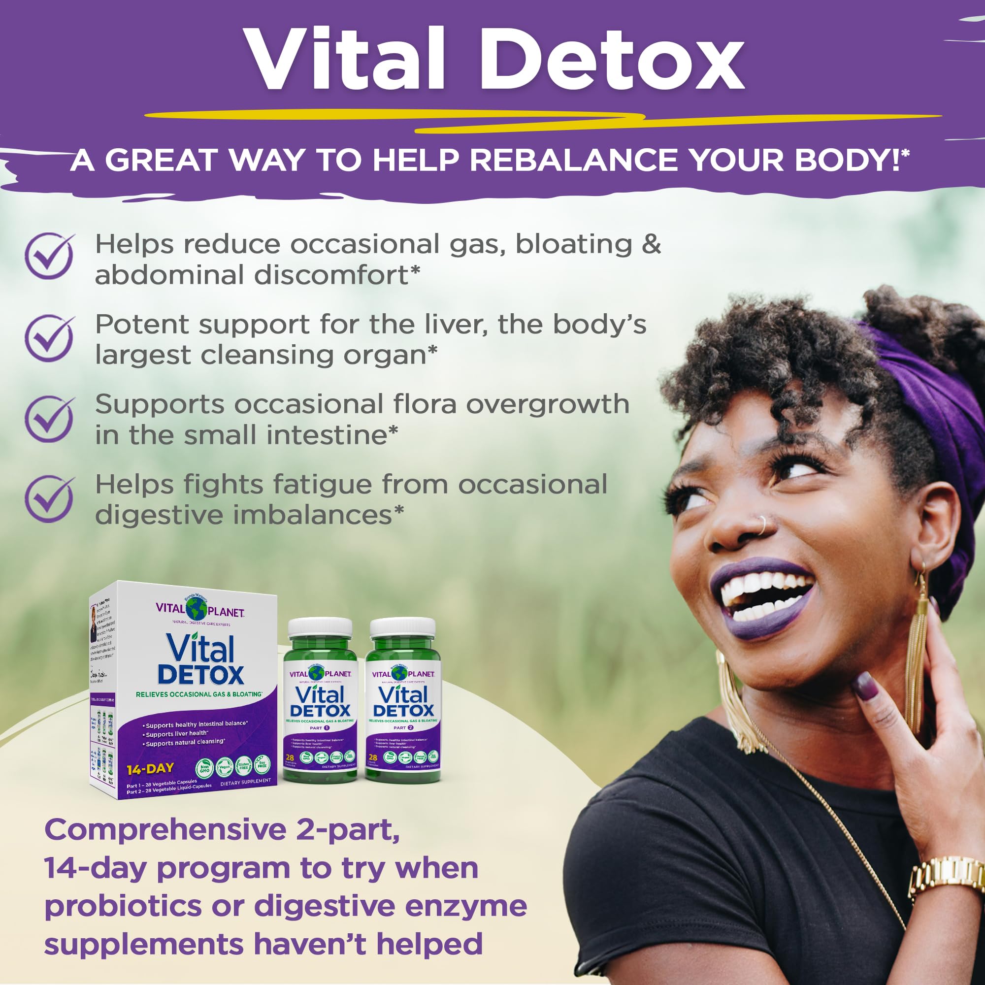 Vital Planet Vital Detox herbal extracts close-up with oregano and thyme.