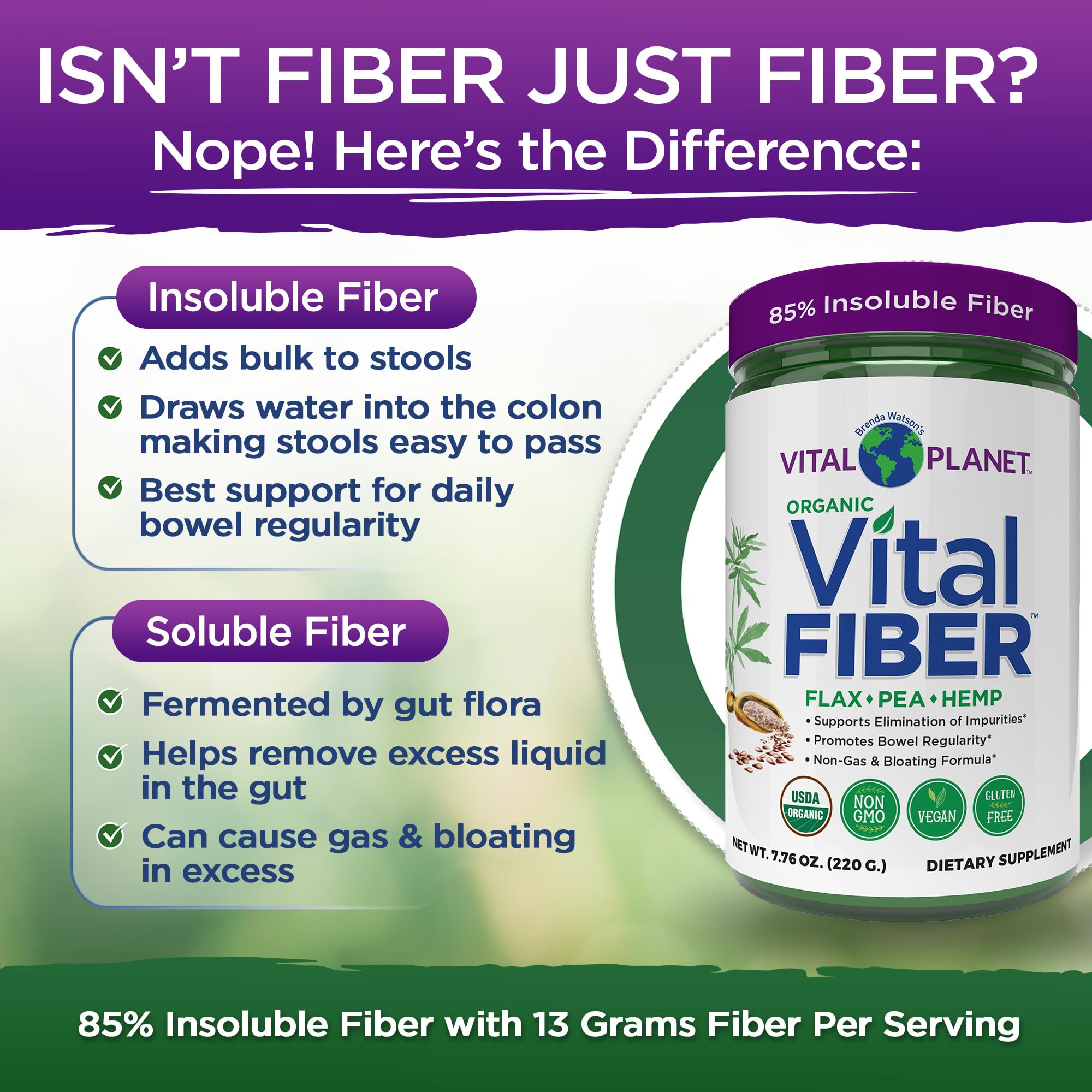 Vital Planet Vital Fiber label highlights organic, vegan, no artificial ingredients
