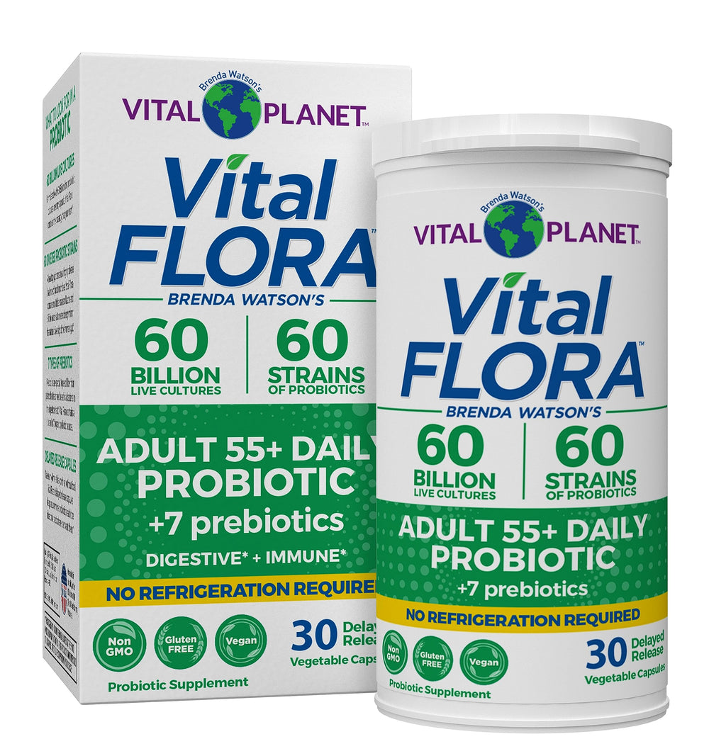 Vital Planet Vital Flora 55+ bottle shows 60B CFU for gut support.