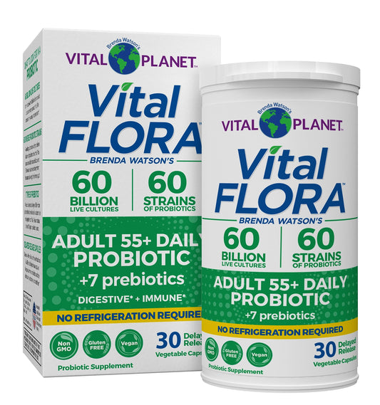 Vital Planet Vital Flora 55+ bottle shows 60B CFU for gut support.