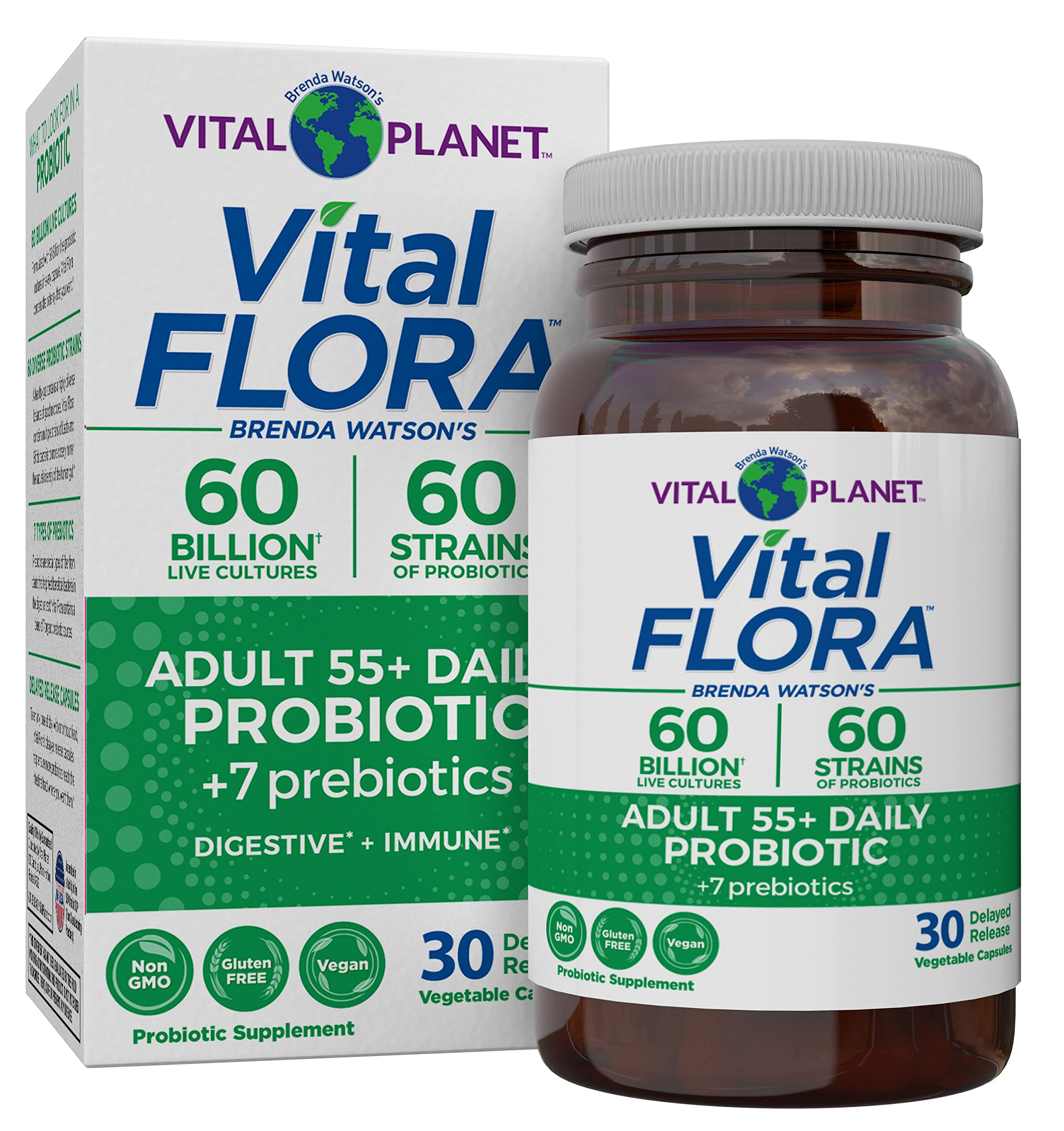 Vital Planet Vital Flora 55+ daily probiotic bottle supports gut balance.