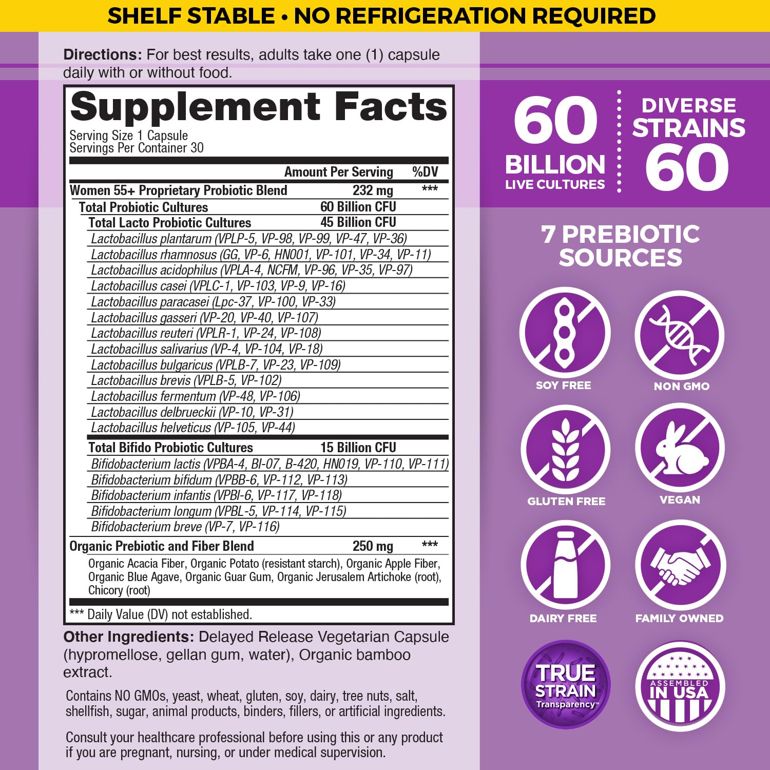 Vital Flora 60B CFU label on bottle highlighting potency and diversity.