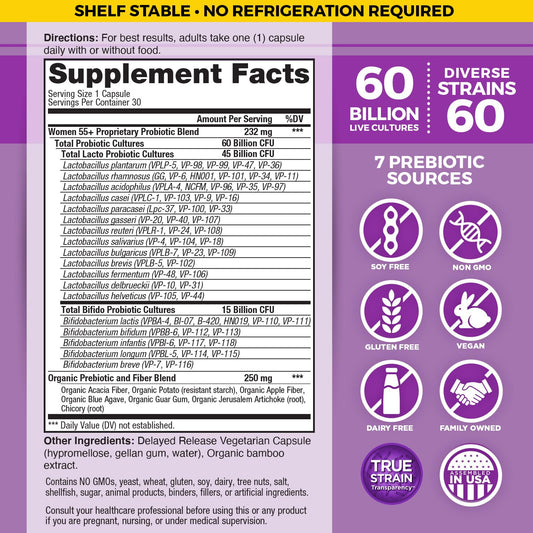 Vital Flora 60B CFU label on bottle highlighting potency and diversity.