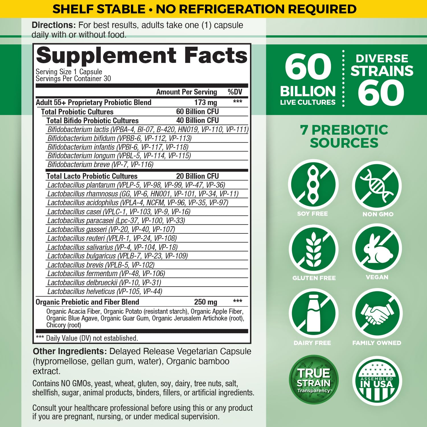 Vital Flora 60B CFU capsules highlight daily probiotic for adults.