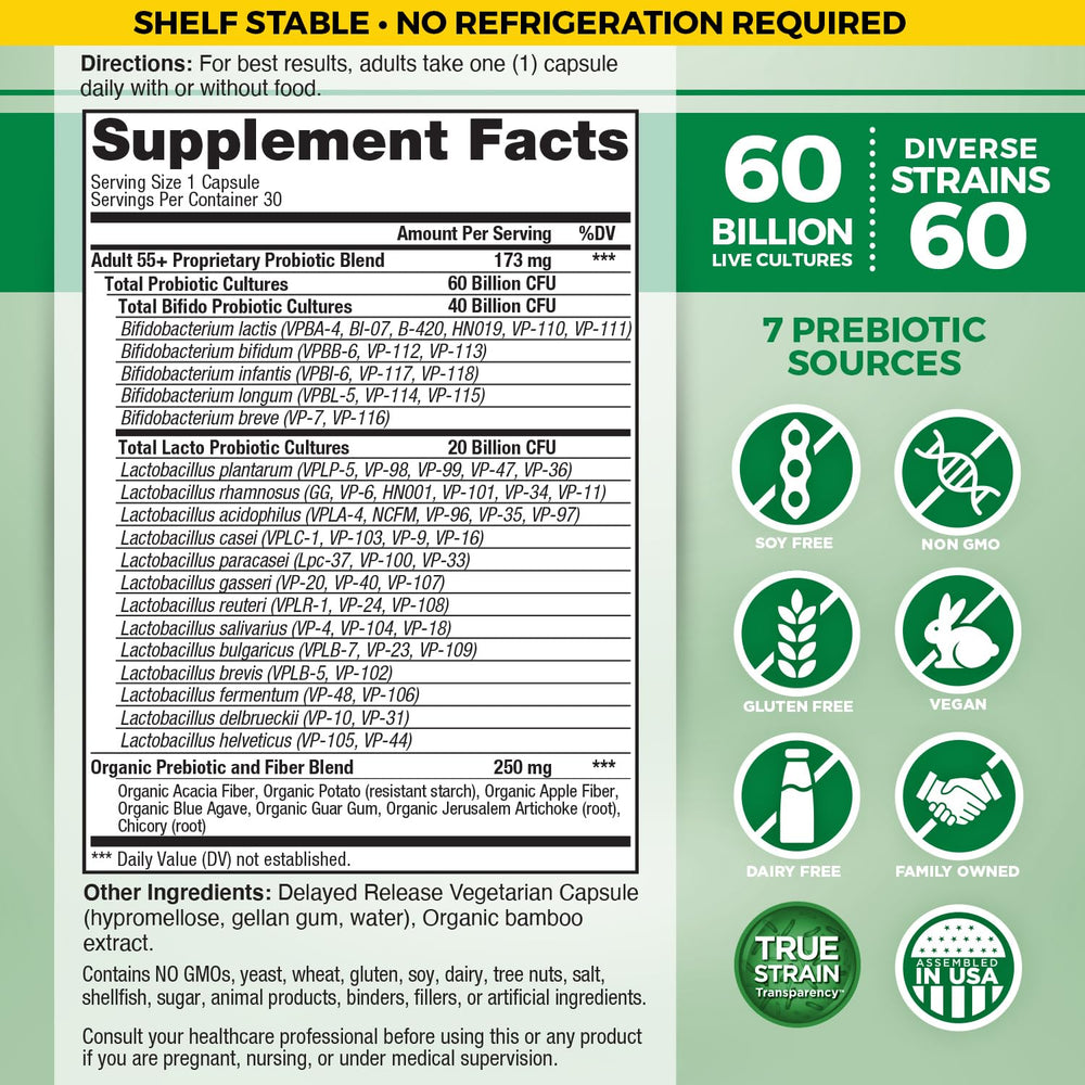 Vital Flora 60B CFU capsules highlight daily probiotic for adults.