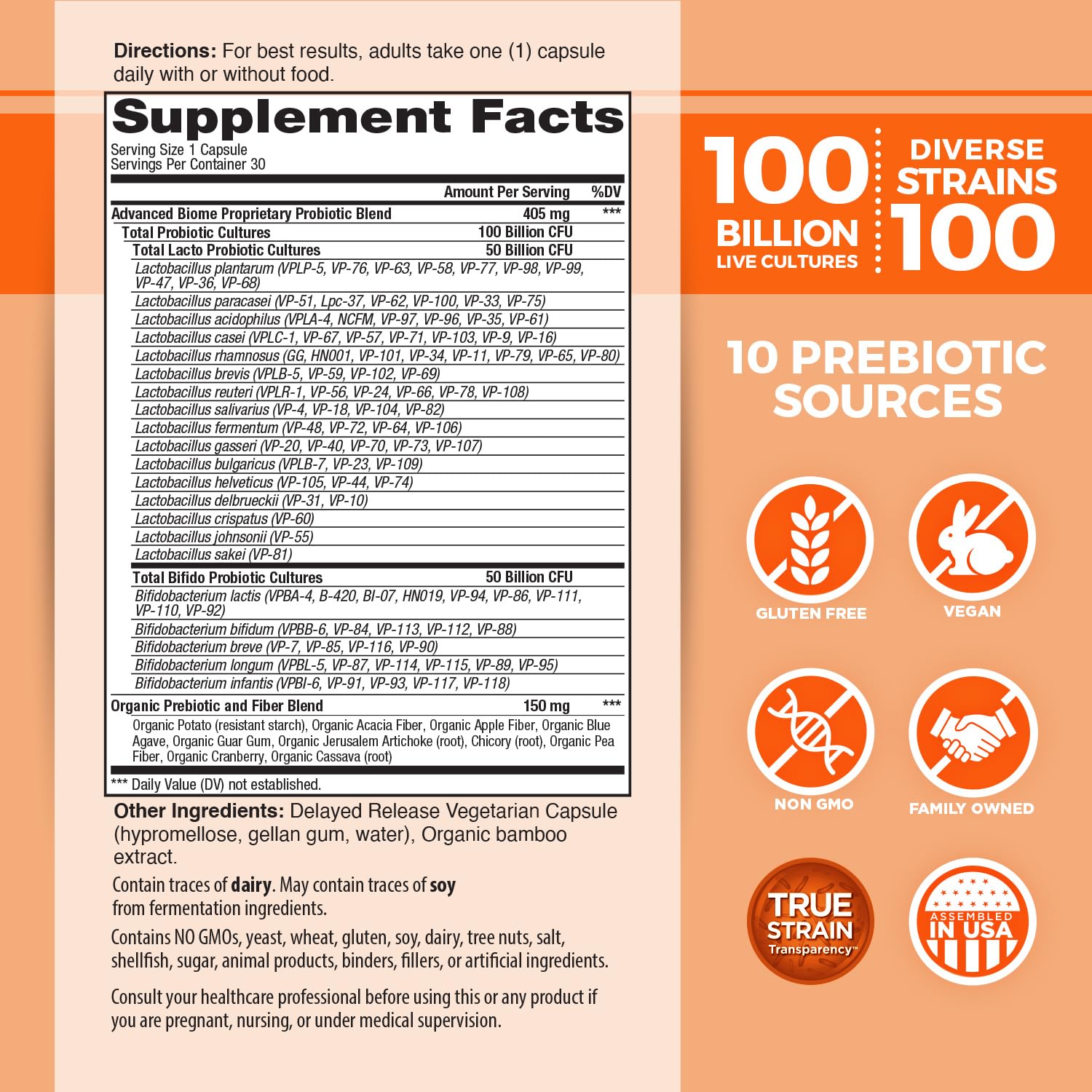 Close-up of Vital Flora probiotic capsules showing potency and strain variety