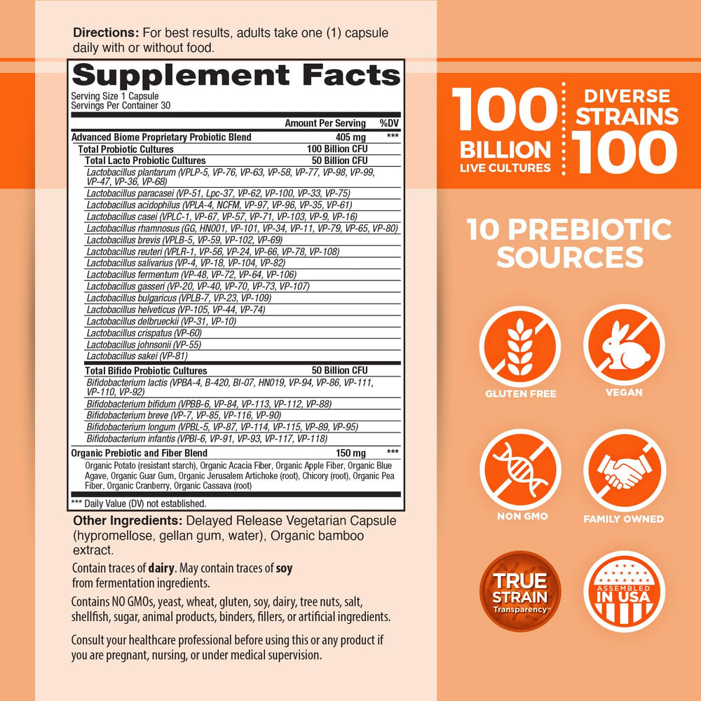 Close-up of Vital Flora probiotic capsules showing potency and strain variety