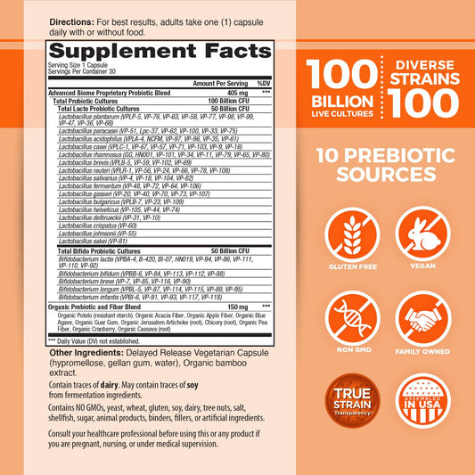 Close-up of Vital Flora probiotic capsules showing potency and strain variety