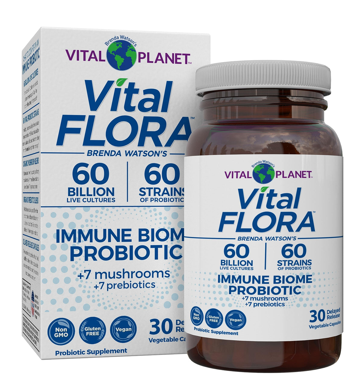 Vital Planet Vital Flora Immune Biome bottle showing a diverse probiotic blend for daily gut balance