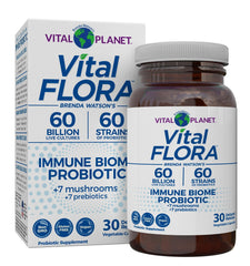 Vital Planet Vital Flora Immune Biome bottle showing a diverse probiotic blend for daily gut balance