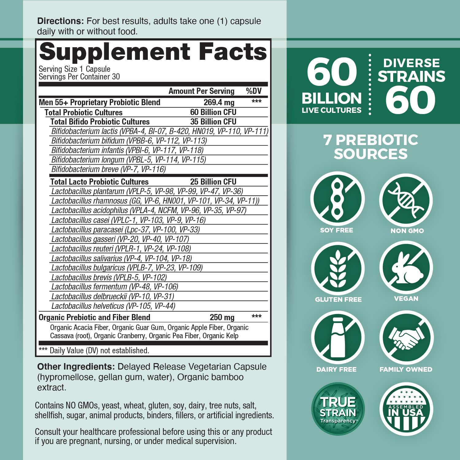 Vital Planet Vital Flora Men 55+ bottle highlights 60B CFU potency for gut health.