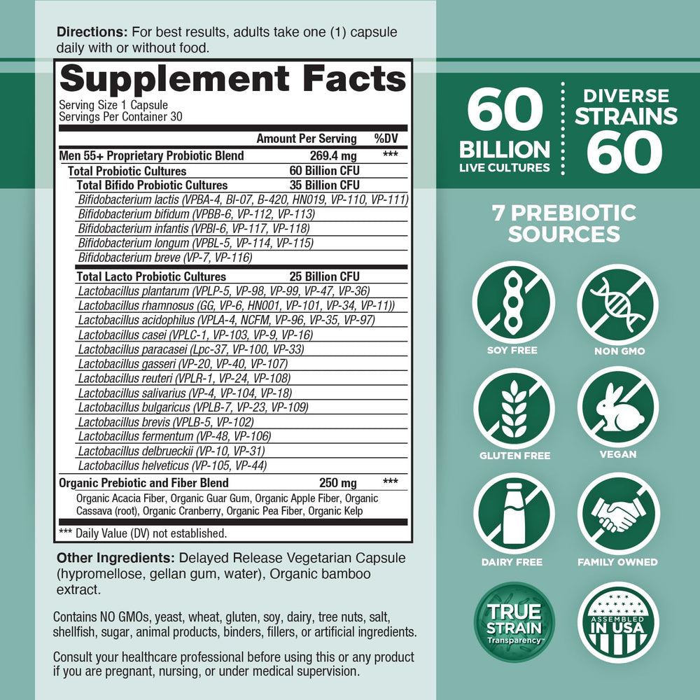 Vital Planet Vital Flora Men 55+ bottle highlights 60B CFU potency for gut health.