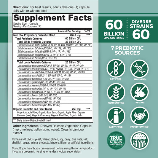 Vital Planet Vital Flora Men 55+ bottle highlights 60B CFU potency for gut health.