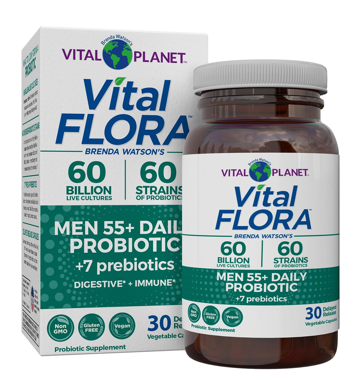 Vital Planet Vital Flora Men 55+ bottle showing daily probiotic for mature digestive balance.