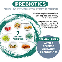 Vital Planet Vital Flora with seven organic prebiotics label for feeding probiotics