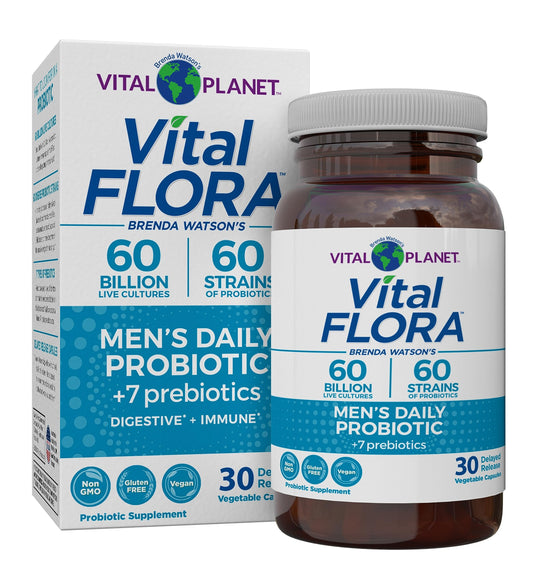 Vital Flora Men’s Daily Probiotic bottle highlights 60B CFU for digestive support.
