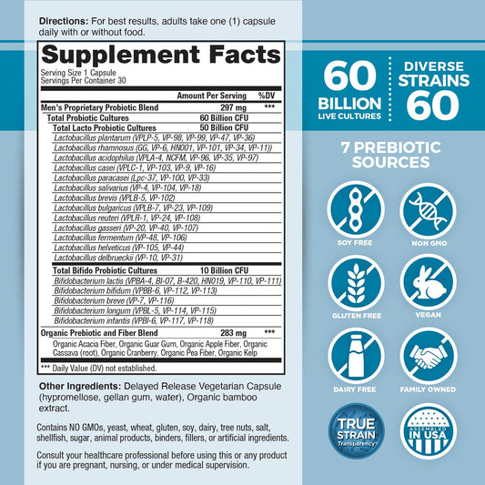 Vital Flora Men’s Daily Probiotic capsules shown for easy daily use and digestive balance.