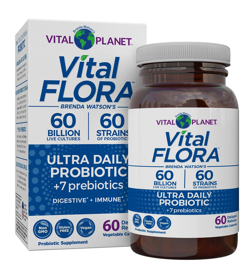 Vital Planet Vital Flora Ultra Daily bottle shows 60B CFU probiotics for daily gut balance.