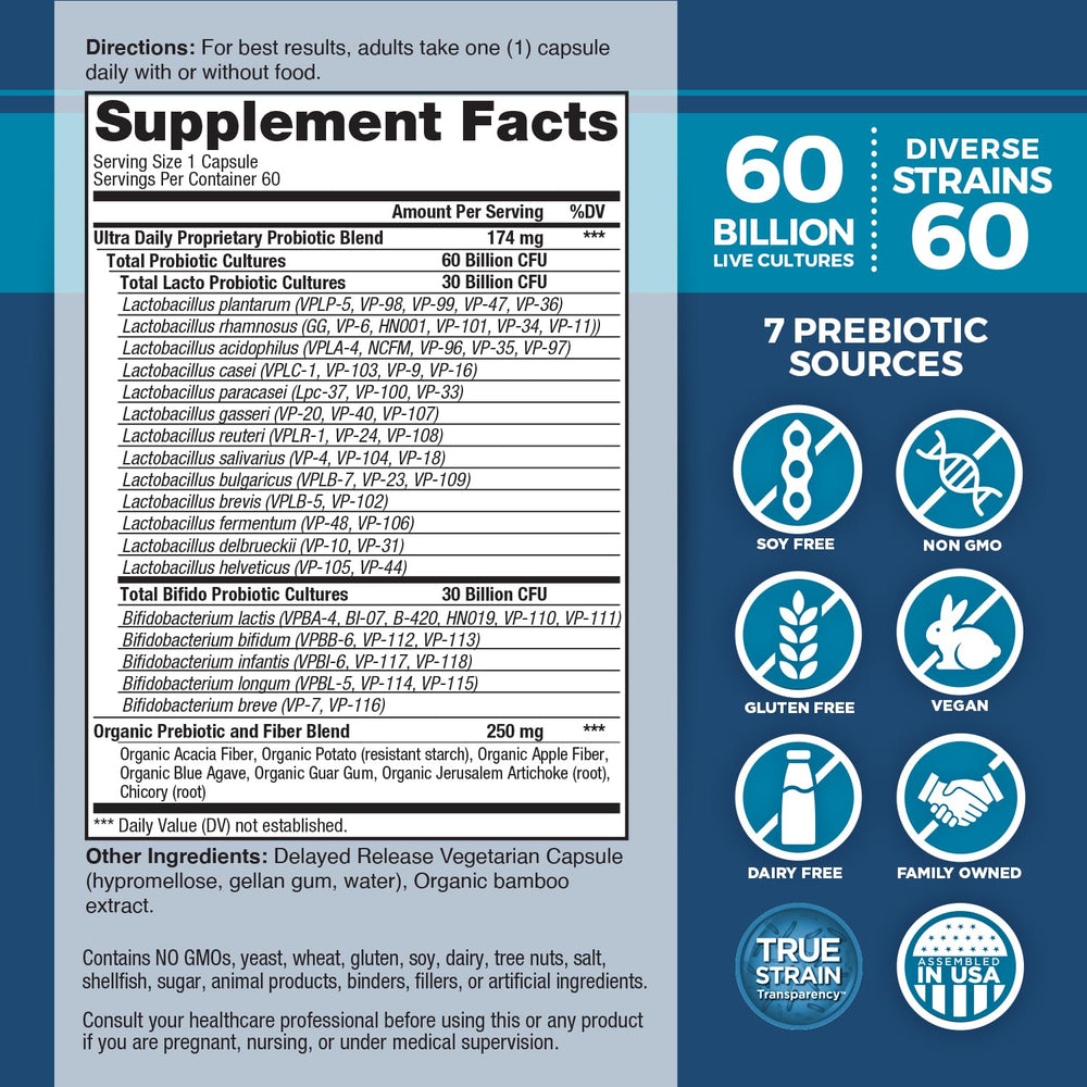 Vital Planet Vital Flora Ultra Daily capsules closeup highlights diverse strains for broad support.