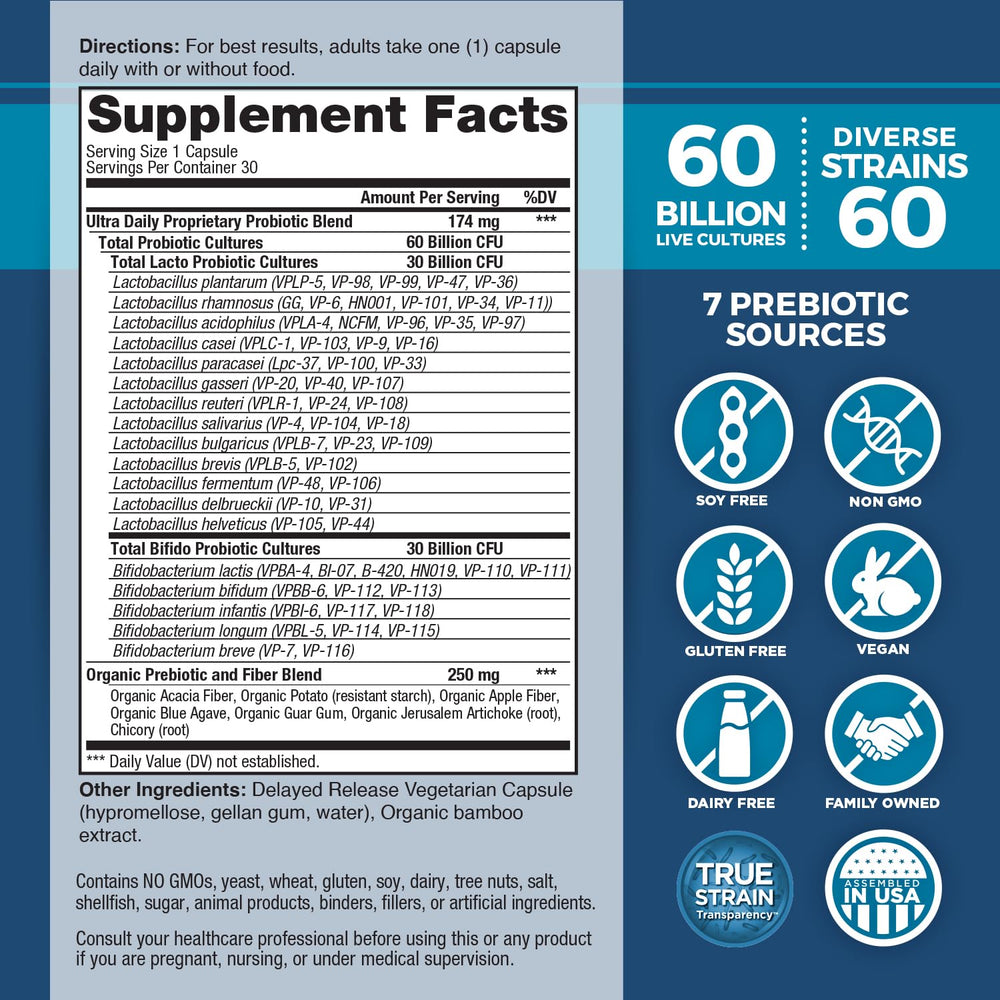 Close-up of Vital Flora capsules with delayed-release coating for stomach acid resistance.
