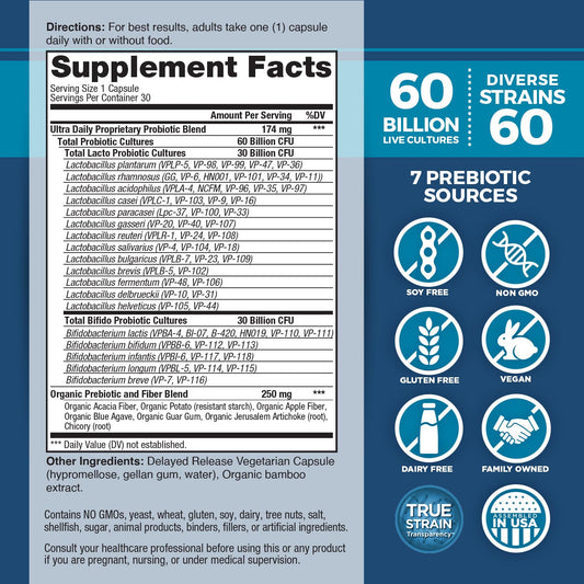 Close-up of Vital Flora capsules with delayed-release coating for stomach acid resistance.