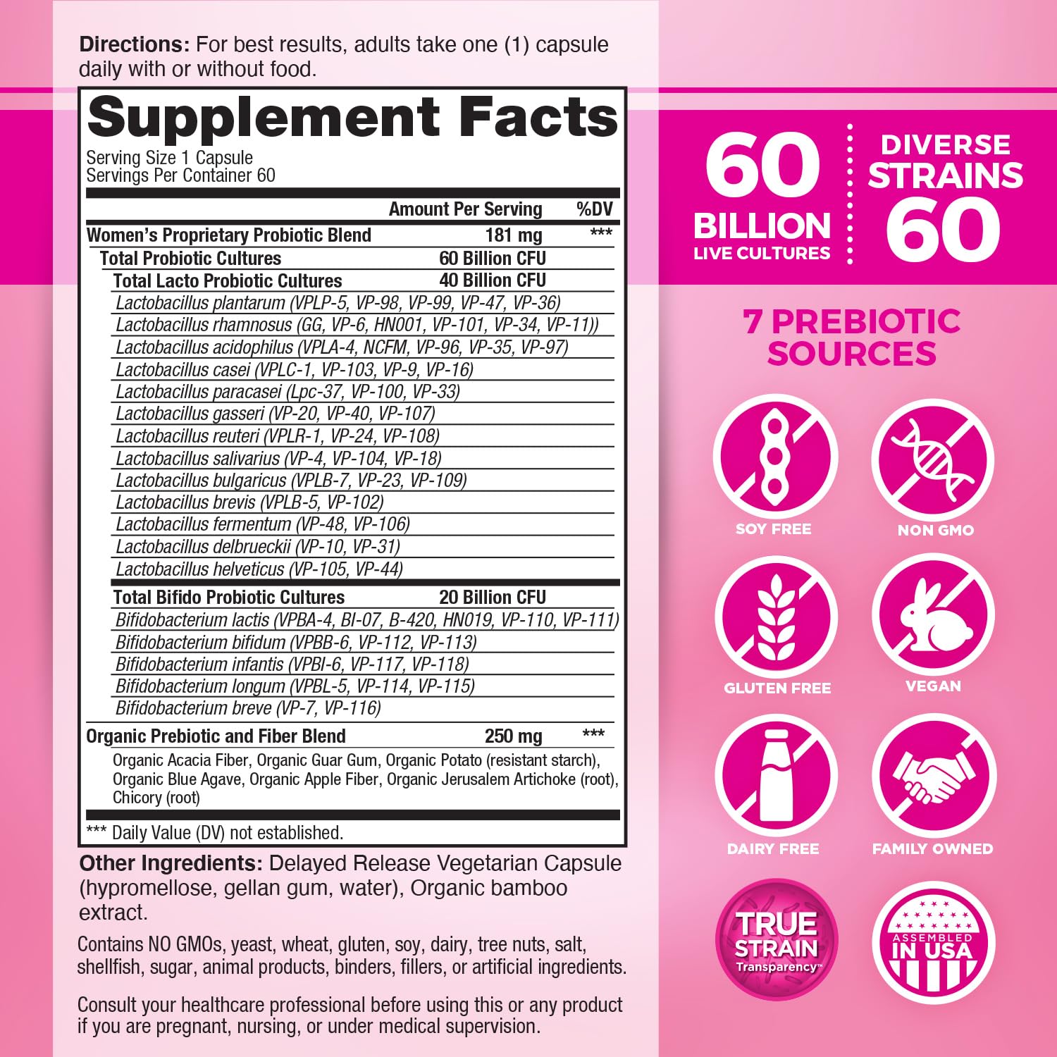 Vital Planet Vital Flora label close-up highlights diverse strains and organic prebiotics for gut support.